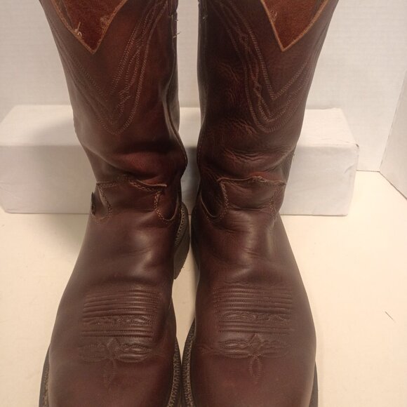 JUSTIN Men's Sz 9.5D Brown Leather Pull-on Round Toe Western Work Boots - Picture 4 of 12